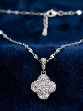 Stainless Steel Pavé Clover Pendant Necklace - Silver Toned